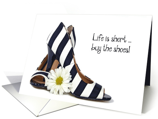 Birthday for Friend, black and white striped pumps with daisy card