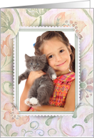 Birthday photo card with corner slit frame on pastel floral background card