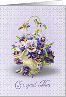Niece’s Birthday pansy basket on pastel purple eyelet background card