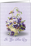 Name Day pansy basket on pastel purple eyelet background card