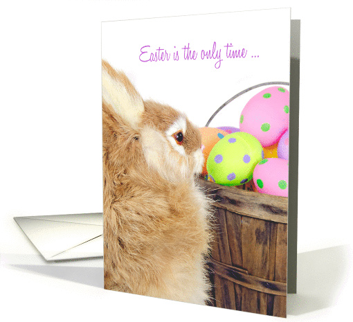 Easter bunny with polka dot eggs in old bushel basket card (1272474)