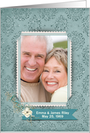 Anniversary photo card teal damask background with floral bouquet card