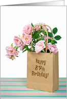 87th Birthday pink roses in brown paper bag on striped paper card