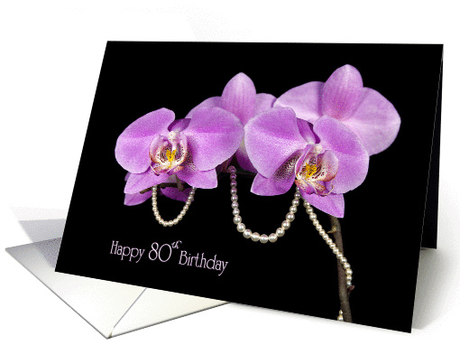 80th Birthday-pink orchids with string of pearls on black card