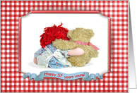 57th Birthday Rad Doll and Teddy Bear Hugging with Gingham Frame card