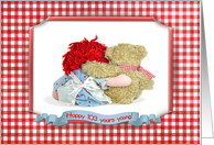 103rd Birthday-rag doll hugging a teddy bear with checkered frame card