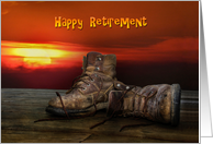 Retirement for Brother, old work boots on wood with sunset background card