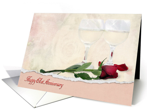 61st Anniversary for Couple with red rose and wine glasses card