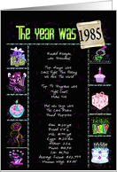 Birthday Party Invitation 1985 fun trivia facts on black with confetti card