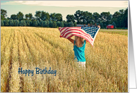 4th of July Birthday-girl with flag in wheat field card