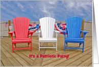 4th of July party invitation, patriotic Adirondack chairs with flags card