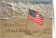 4th of July American flag on the seashore with God Bless America card