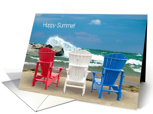 Happy Summer-Adirondack chairs on beach with crashing wave card