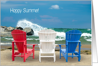 Happy Summer-Adirondack chairs on beach with crashing wave card