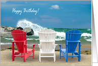 Friend’s Birthday, Adirondack chairs on beach with crashing wave card