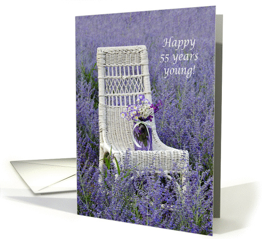 55th Birthday-mason jar with bouquet on a chair in Russian sage card
