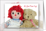 Name Day for Sister-old rag doll with teddy bear card