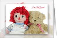 Get Well Soon old rag doll with brown teddy bear card