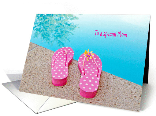 Birthday for Mom-polka dot flip-flops by swimming pool card (1312404)