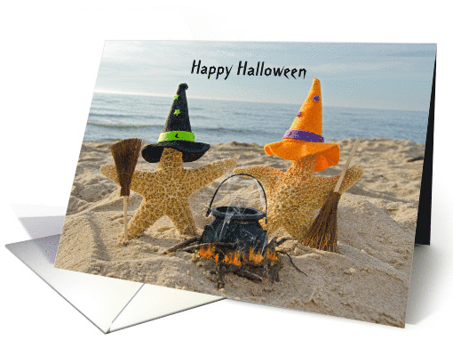 Halloween witch starfish on the beach with black kettle card (1314588)