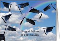 Son’s Graduation-graduation hats in sky with rainbow card