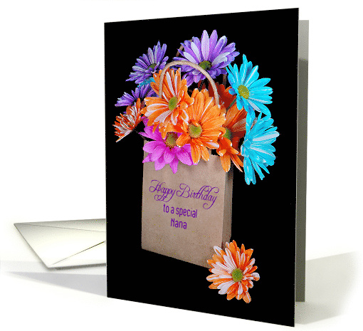 Nana's Birthday, colorful daisy bouquet in brown paper bag card