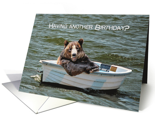 Dad's humorous birthday smiling bear floating in white dinghy card