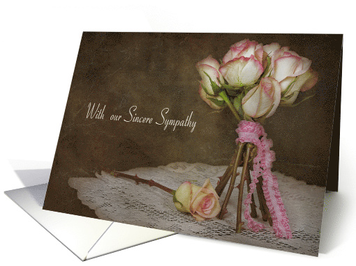 Sympathy from couple, rose bouquet on old-fashioned lace doily card