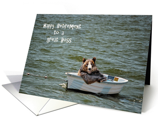 Boss Retirement congratulations-smiling bear in dinghy card (1320810)
