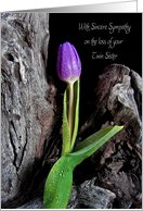 Loss of twin sister, purple tulip with raindrops on driftwood card