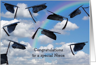 Niece’s Graduation black graduation hats in sky with rainbow card