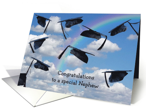 Nephew's Graduation, graduation hats in sky with rainbow card