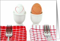 wedding anniversary, white and brown eggs in cups with forks card