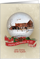 Merry Christmas Name Specific-snow globe with barn painting card