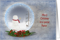Christmas for Pastor-snowman in snow globe on textured music card