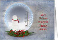 Nephew and family’s Christmas snowman in snow globe on textured music card