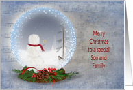 Christmas For Son and Family,Snowman In Snow Globe With Berries card