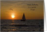 Priest’s Birthday, sailboat sailing at sunset with seagull card