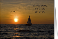 Son in law’s Birthday, sailboat sailing at sunset with seagull card