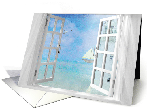 open window with ocean view of lighthouse and sailboat card (1327458)