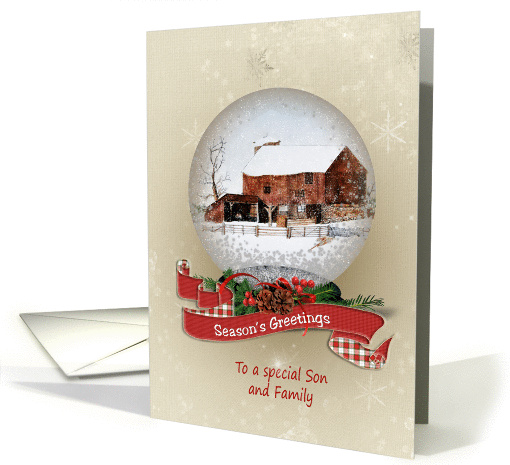 Season's Greeting for Son and family-snow globe with barn... (1328246)