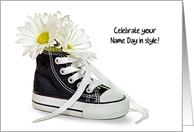 Sister’s Name Day-daisy bouquet in a black and white sneaker card