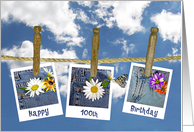 100th Birthday daisy in jean pocket and butterfly photo on clothesline card