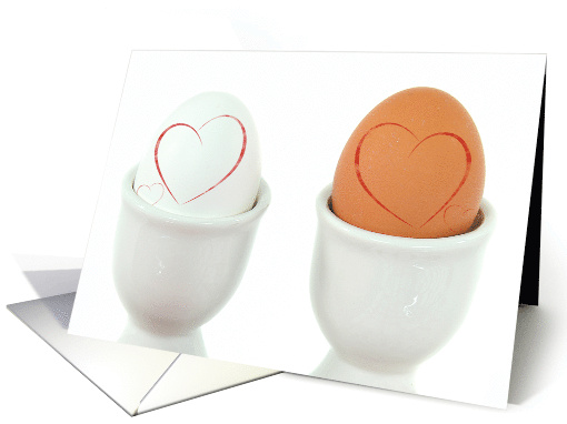 Anniversary red hearts on hard boiled eggs in white cups card