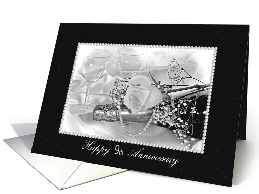 9th Wedding Anniversary rose and pearls on champagne bottle card
