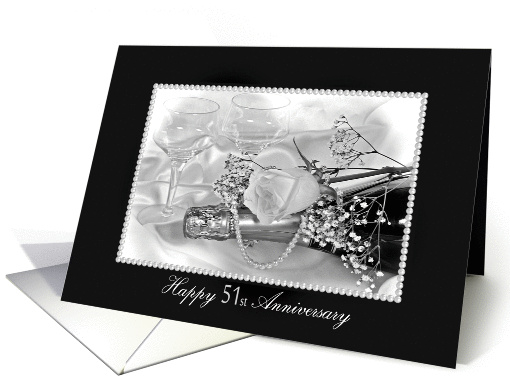 51st Wedding Anniversary-rose and pearls on champagne bottle card