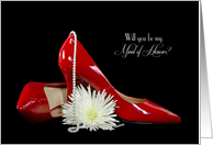 Maid of Honour request invitation-red pumps with pearls and flower card