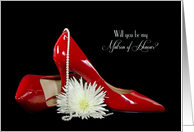 Matron of Honour request invitation-red pumps with pearls and flower card