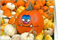 Happy Fall funny pumpkin in a pumpkin patch card