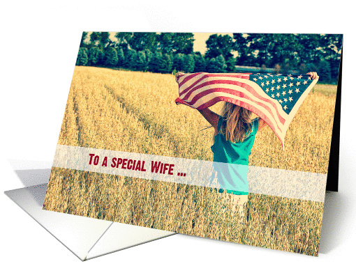 Military thank you to Wife-girl with American flag in wheat field card